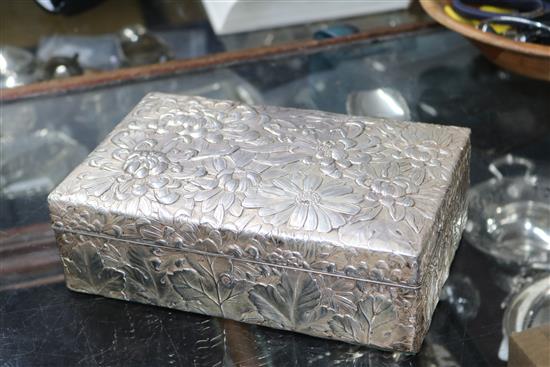 An early 20th century Japanese white metal, jungin mark, cigar/cigarette box, 24.5cm.